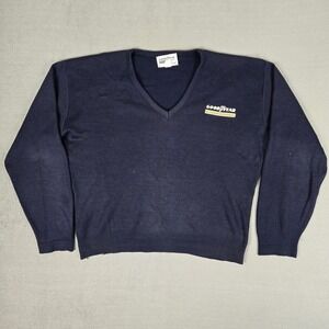 Vintage Good Year Sweater Mens Large Blue Navy Swingster V-Neck Acrylic USA